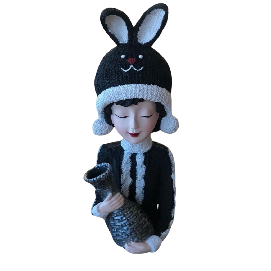 Girl with Rabbit Hat Statue, Polyester Girl Sculpture with Bunny Hat, Bunny Hat Girl Statue Holding Vase, Cute Girl Statue, Girl Sculpture
