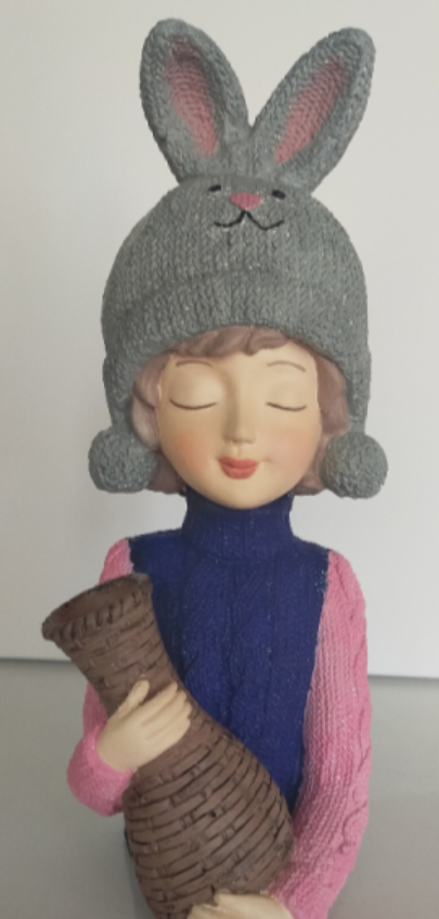Girl with Rabbit Hat Statue, Polyester Girl Sculpture with Bunny Hat, Bunny Hat Girl Statue Holding Vase, Cute Girl Statue, Girl Sculpture