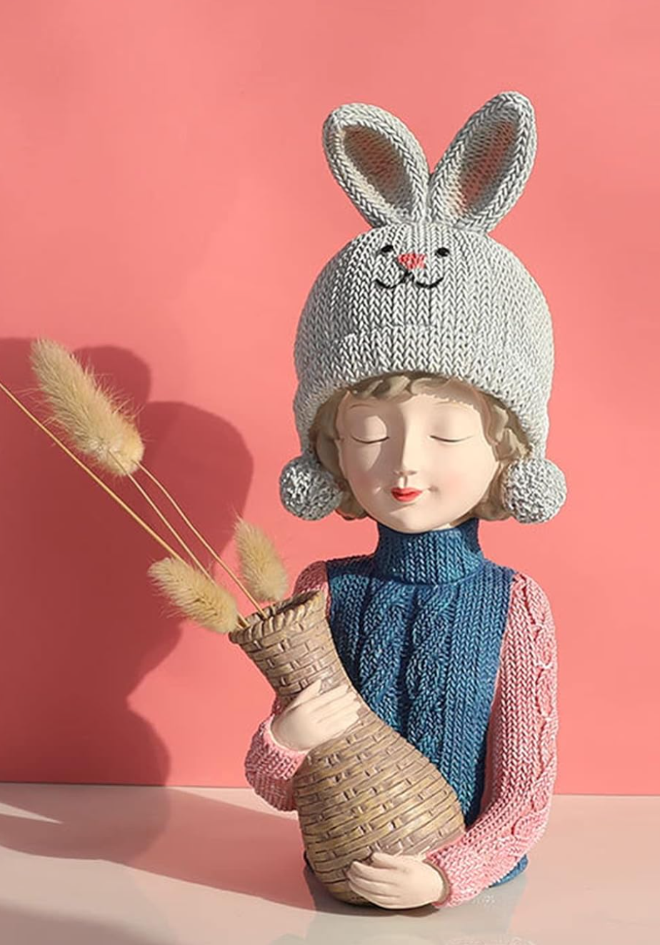 Girl with Rabbit Hat Statue, Polyester Girl Sculpture with Bunny Hat, Bunny Hat Girl Statue Holding Vase, Cute Girl Statue, Girl Sculpture