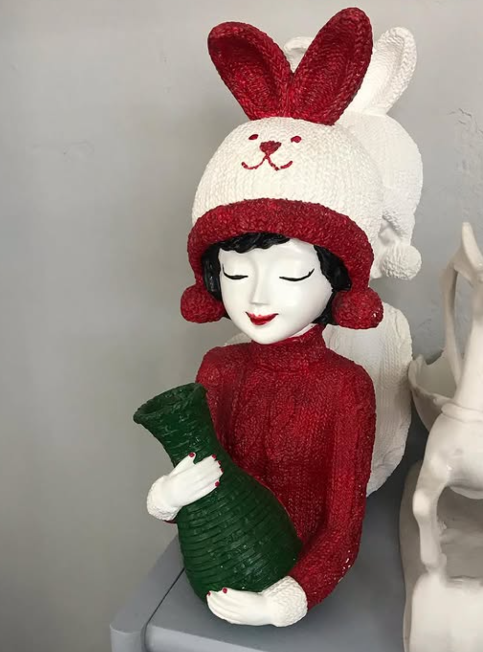 Girl with Rabbit Hat Statue, Polyester Girl Sculpture with Bunny Hat, Bunny Hat Girl Statue Holding Vase, Cute Girl Statue, Girl Sculpture