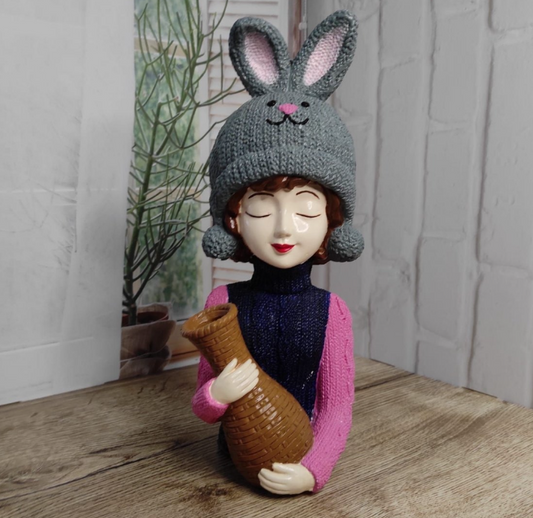 Girl with Rabbit Hat Statue, Polyester Girl Sculpture with Bunny Hat, Bunny Hat Girl Statue Holding Vase, Cute Girl Statue, Girl Sculpture