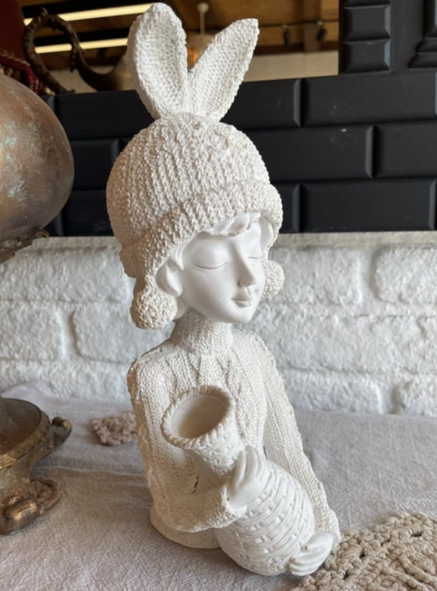 Girl with Rabbit Hat Statue, Polyester Girl Sculpture with Bunny Hat, Bunny Hat Girl Statue Holding Vase, Cute Girl Statue, Girl Sculpture