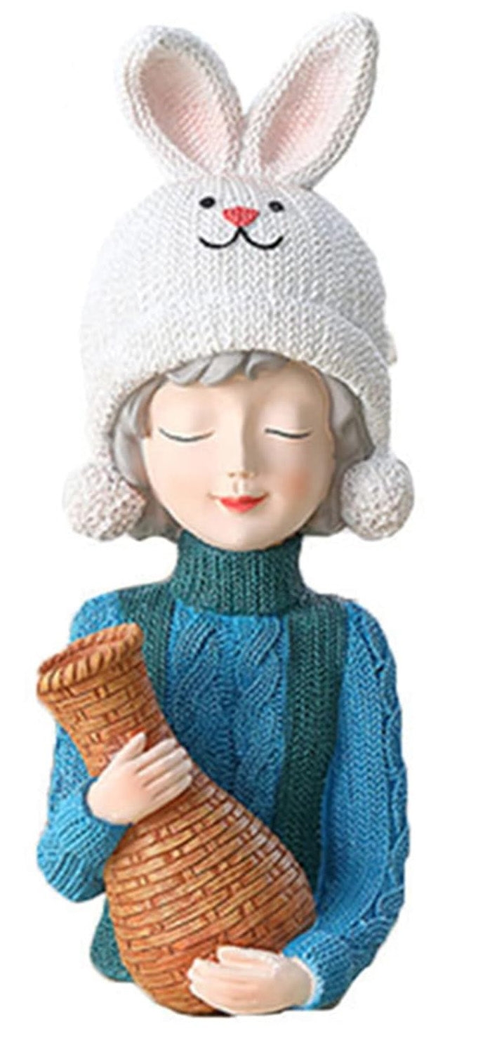 Girl with Rabbit Hat Statue, Polyester Girl Sculpture with Bunny Hat, Bunny Hat Girl Statue Holding Vase, Cute Girl Statue, Girl Sculpture