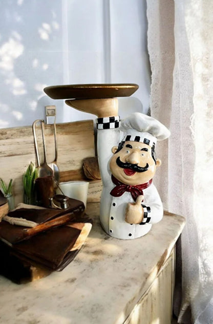 Chef Decor with Tray, Handmade Chef Decor with Tray, Handmade Chef Figurine with Tray, Handmade Chef Statue, Handmade Kitchen Chef Statue