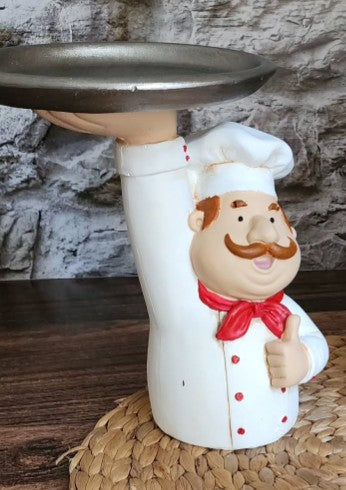 Chef Decor with Tray, Handmade Chef Decor with Tray, Handmade Chef Figurine with Tray, Handmade Chef Statue, Handmade Kitchen Chef Statue