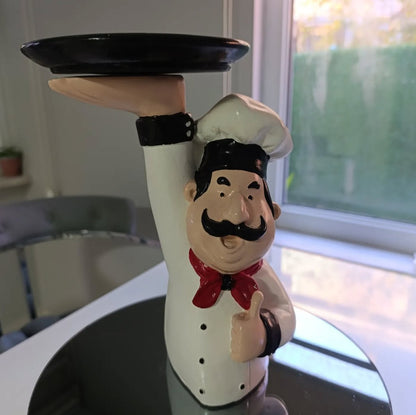 Chef Decor with Tray, Handmade Chef Decor with Tray, Handmade Chef Figurine with Tray, Handmade Chef Statue, Handmade Kitchen Chef Statue