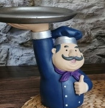 Chef Decor with Tray, Handmade Chef Decor with Tray, Handmade Chef Figurine with Tray, Handmade Chef Statue, Handmade Kitchen Chef Statue