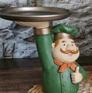 Chef Decor with Tray, Handmade Chef Decor with Tray, Handmade Chef Figurine with Tray, Handmade Chef Statue, Handmade Kitchen Chef Statue