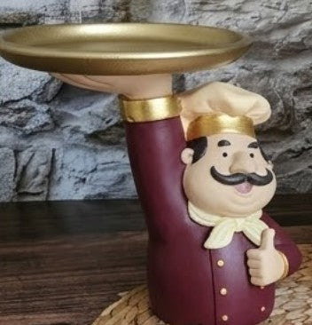 Chef Decor with Tray, Handmade Chef Decor with Tray, Handmade Chef Figurine with Tray, Handmade Chef Statue, Handmade Kitchen Chef Statue