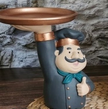 Chef Decor with Tray, Handmade Chef Decor with Tray, Handmade Chef Figurine with Tray, Handmade Chef Statue, Handmade Kitchen Chef Statue