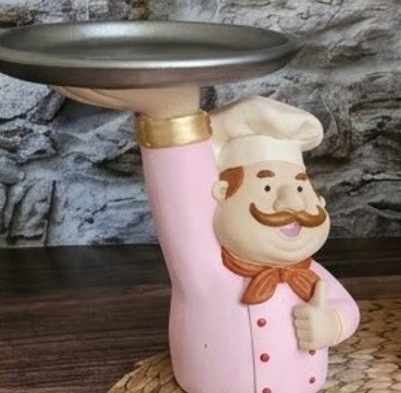 Chef Decor with Tray, Handmade Chef Decor with Tray, Handmade Chef Figurine with Tray, Handmade Chef Statue, Handmade Kitchen Chef Statue