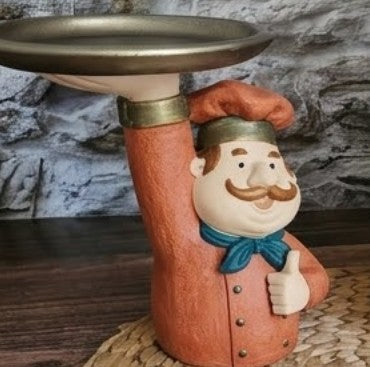 Chef Decor with Tray, Handmade Chef Decor with Tray, Handmade Chef Figurine with Tray, Handmade Chef Statue, Handmade Kitchen Chef Statue