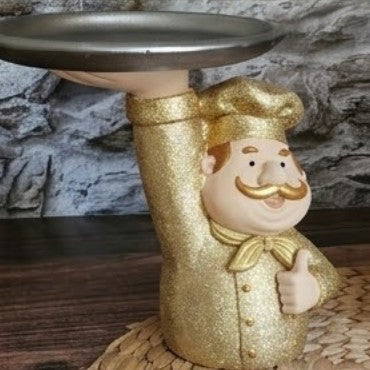 Chef Decor with Tray, Handmade Chef Decor with Tray, Handmade Chef Figurine with Tray, Handmade Chef Statue, Handmade Kitchen Chef Statue