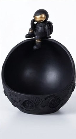 Handmade Astronaut Bowl Decor, Black Gold Space Sculpture, Polyester Storage Bowl, Modern Home Accent