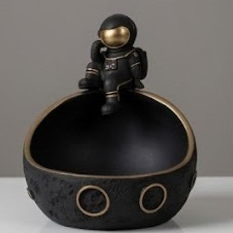 Handmade Astronaut Bowl Decor, Black Gold Space Sculpture, Polyester Storage Bowl, Modern Home Accent