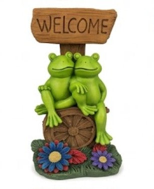 Welcome Frog Decor, Frog Statue with Welcome Sign, Polyester Garden Sculpture