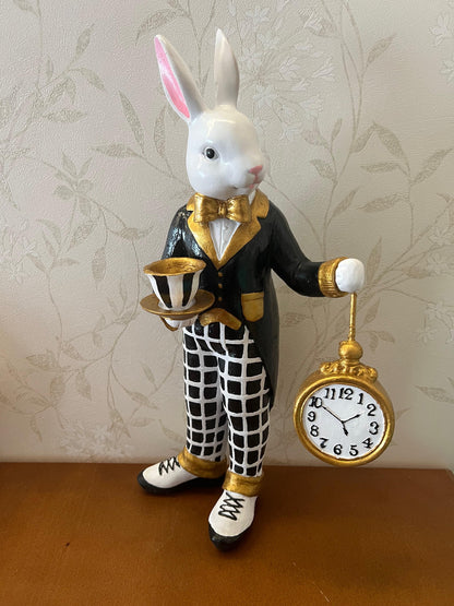 Alice in Wonderland Tea Time Rabbit Figurine, Rabbit Statue with Teacup & Clock, Rabbit Figurine, Wonderland Tea Party, Rabbit with Tea Cup