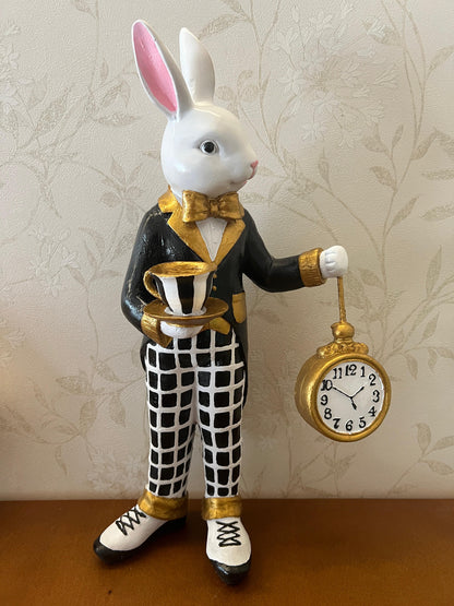 Alice in Wonderland Tea Time Rabbit Figurine, Rabbit Statue with Teacup & Clock, Rabbit Figurine, Wonderland Tea Party, Rabbit with Tea Cup