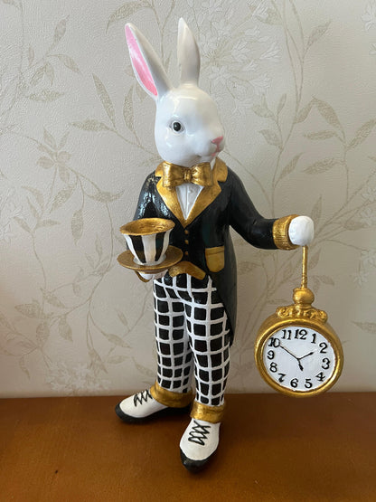 Alice in Wonderland Tea Time Rabbit Figurine, Rabbit Statue with Teacup & Clock, Rabbit Figurine, Wonderland Tea Party, Rabbit with Tea Cup