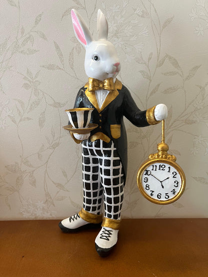 Alice in Wonderland Tea Time Rabbit Figurine, Rabbit Statue with Teacup & Clock, Rabbit Figurine, Wonderland Tea Party, Rabbit with Tea Cup