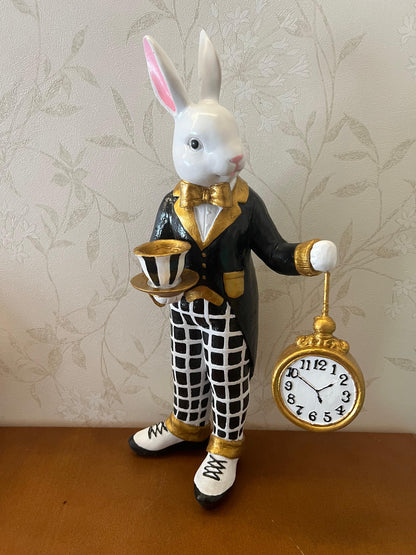 Alice in Wonderland Tea Time Rabbit Figurine, Rabbit Statue with Teacup & Clock, Rabbit Figurine, Wonderland Tea Party, Rabbit with Tea Cup