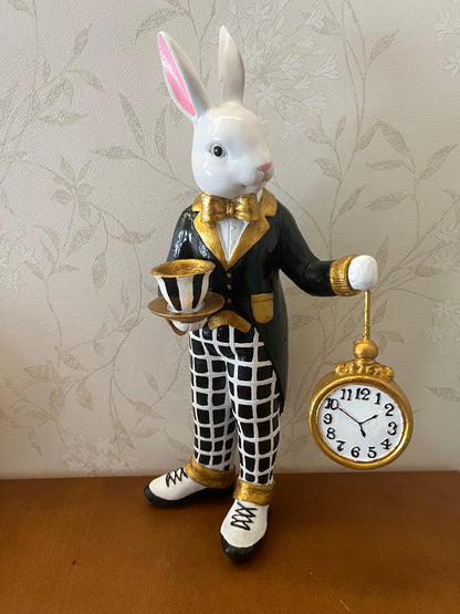 Alice in Wonderland Tea Time Rabbit Figurine, Rabbit Statue with Teacup & Clock, Rabbit Figurine, Wonderland Tea Party, Rabbit with Tea Cup
