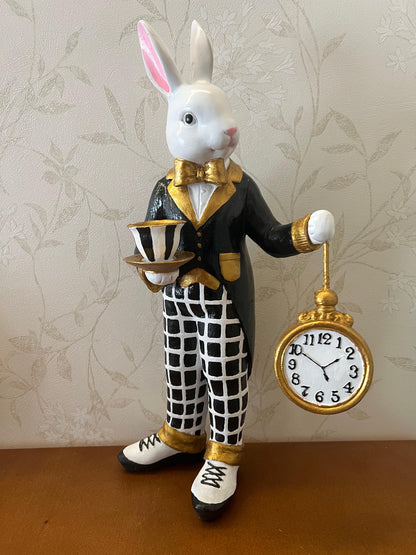 Alice in Wonderland Tea Time Rabbit Figurine, Rabbit Statue with Teacup & Clock, Rabbit Figurine, Wonderland Tea Party, Rabbit with Tea Cup