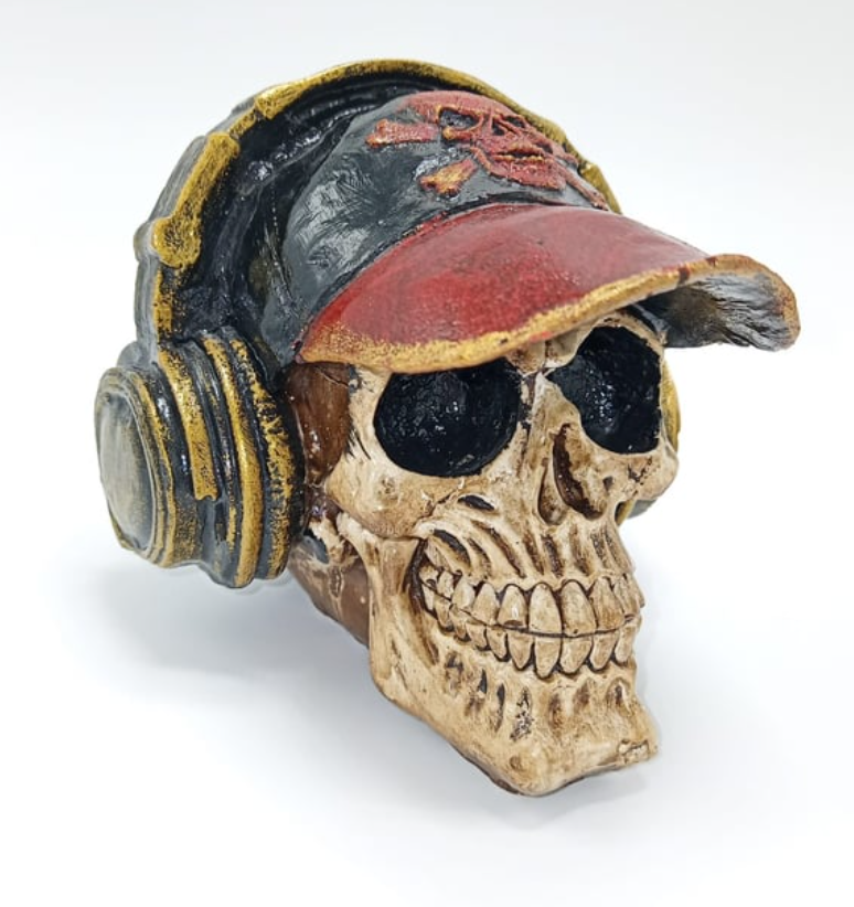 Handmade Skull Decor, Skull Sculpture, Skeleton Head Decor, Gothic Skull Statue, Halloween Skull Statue, Handmade Skull Headphones Statue