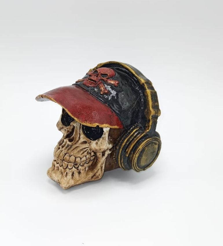 Handmade Skull Decor, Skull Sculpture, Skeleton Head Decor, Gothic Skull Statue, Halloween Skull Statue, Handmade Skull Headphones Statue