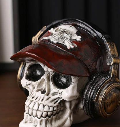 Handmade Skull Decor, Skull Sculpture, Skeleton Head Decor, Gothic Skull Statue, Halloween Skull Statue, Handmade Skull Headphones Statue
