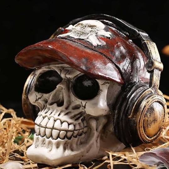 Handmade Skull Decor, Skull Sculpture, Skeleton Head Decor, Gothic Skull Statue, Halloween Skull Statue, Handmade Skull Headphones Statue