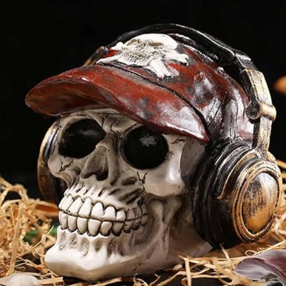 Handmade Skull Decor, Skull Sculpture, Skeleton Head Decor, Gothic Skull Statue, Halloween Skull Statue, Handmade Skull Headphones Statue