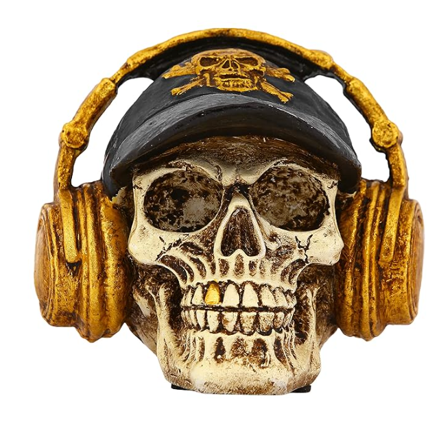 Handmade Skull Decor, Skull Sculpture, Skeleton Head Decor, Gothic Skull Statue, Halloween Skull Statue, Handmade Skull Headphones Statue