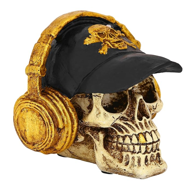 Handmade Skull Decor, Skull Sculpture, Skeleton Head Decor, Gothic Skull Statue, Halloween Skull Statue, Handmade Skull Headphones Statue