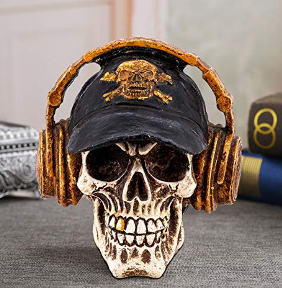 Handmade Skull Decor, Skull Sculpture, Skeleton Head Decor, Gothic Skull Statue, Halloween Skull Statue, Handmade Skull Headphones Statue