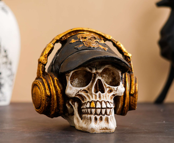 Handmade Skull Decor, Skull Sculpture, Skeleton Head Decor, Gothic Skull Statue, Halloween Skull Statue, Handmade Skull Headphones Statue