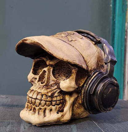 Handmade Skull Decor, Skull Sculpture, Skeleton Head Decor, Gothic Skull Statue, Halloween Skull Statue, Handmade Skull Headphones Statue
