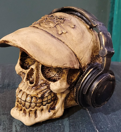 Handmade Skull Decor, Skull Sculpture, Skeleton Head Decor, Gothic Skull Statue, Halloween Skull Statue, Handmade Skull Headphones Statue
