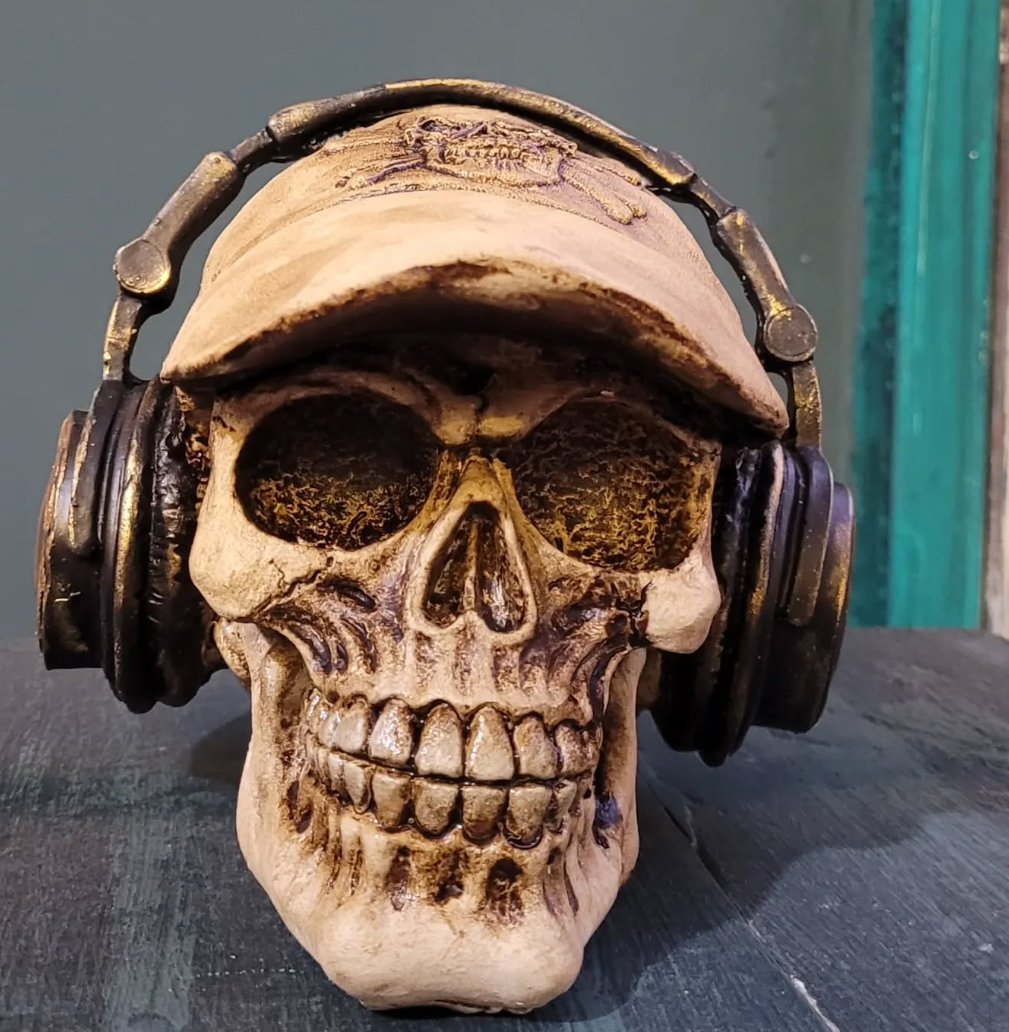 Handmade Skull Decor, Skull Sculpture, Skeleton Head Decor, Gothic Skull Statue, Halloween Skull Statue, Handmade Skull Headphones Statue