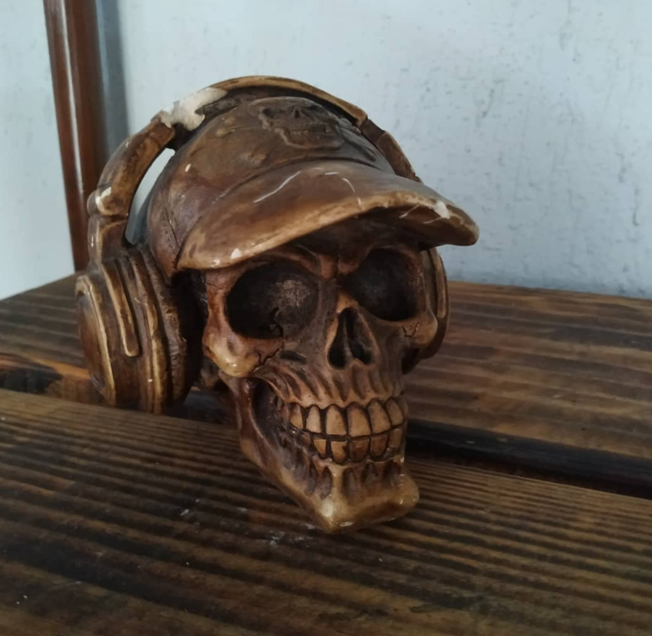 Handmade Skull Decor, Skull Sculpture, Skeleton Head Decor, Gothic Skull Statue, Halloween Skull Statue, Handmade Skull Headphones Statue