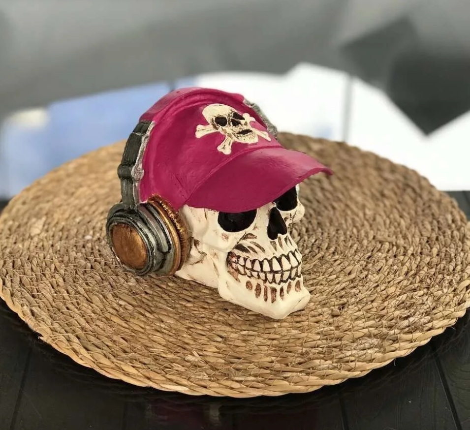 Handmade Skull Decor, Skull Sculpture, Skeleton Head Decor, Gothic Skull Statue, Halloween Skull Statue, Handmade Skull Headphones Statue
