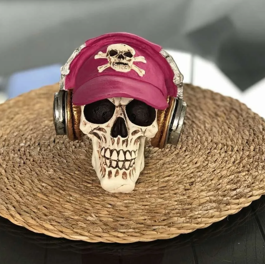 Handmade Skull Decor, Skull Sculpture, Skeleton Head Decor, Gothic Skull Statue, Halloween Skull Statue, Handmade Skull Headphones Statue