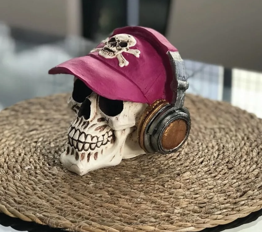 Handmade Skull Decor, Skull Sculpture, Skeleton Head Decor, Gothic Skull Statue, Halloween Skull Statue, Handmade Skull Headphones Statue