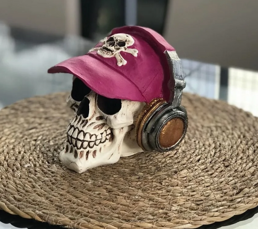 Handmade Skull Decor, Skull Sculpture, Skeleton Head Decor, Gothic Skull Statue, Halloween Skull Statue, Handmade Skull Headphones Statue