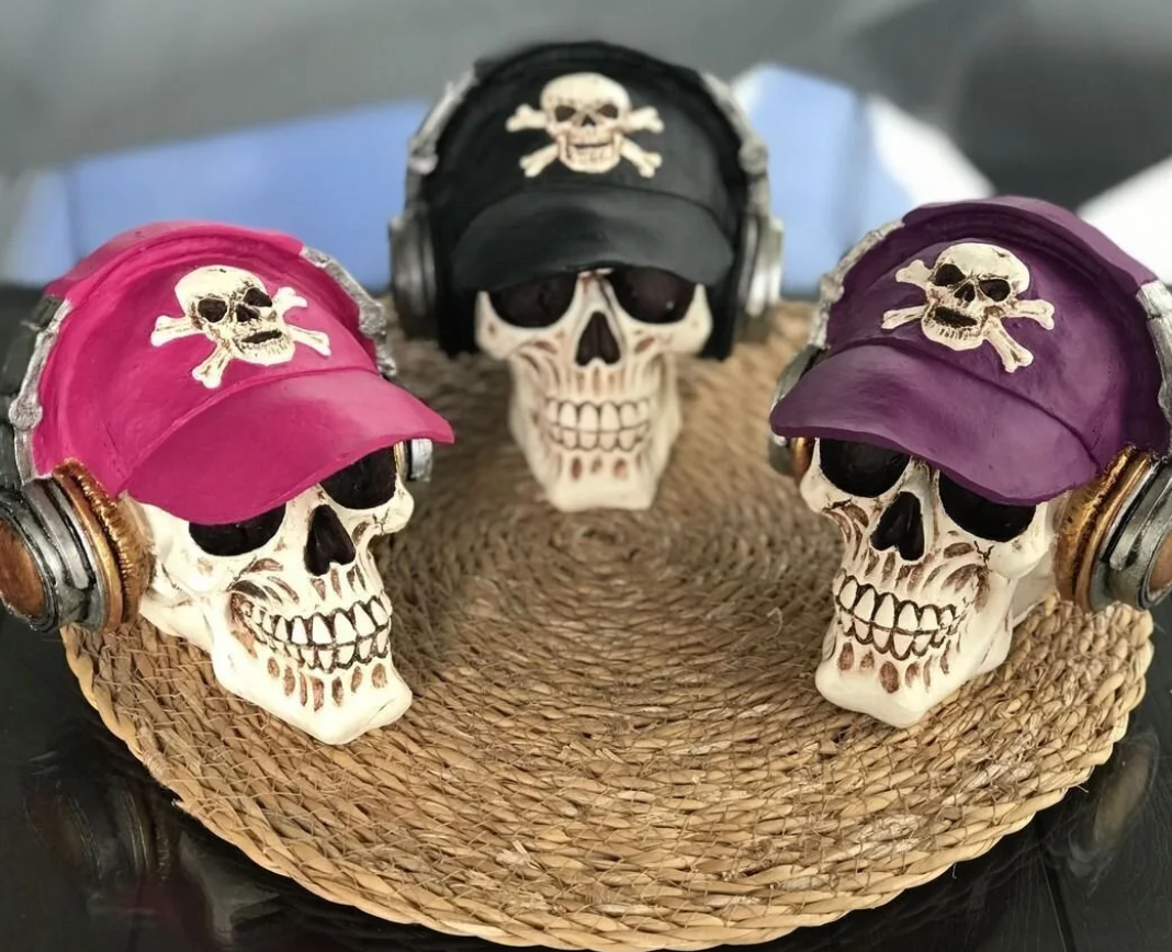 Handmade Skull Decor, Skull Sculpture, Skeleton Head Decor, Gothic Skull Statue, Halloween Skull Statue, Handmade Skull Headphones Statue