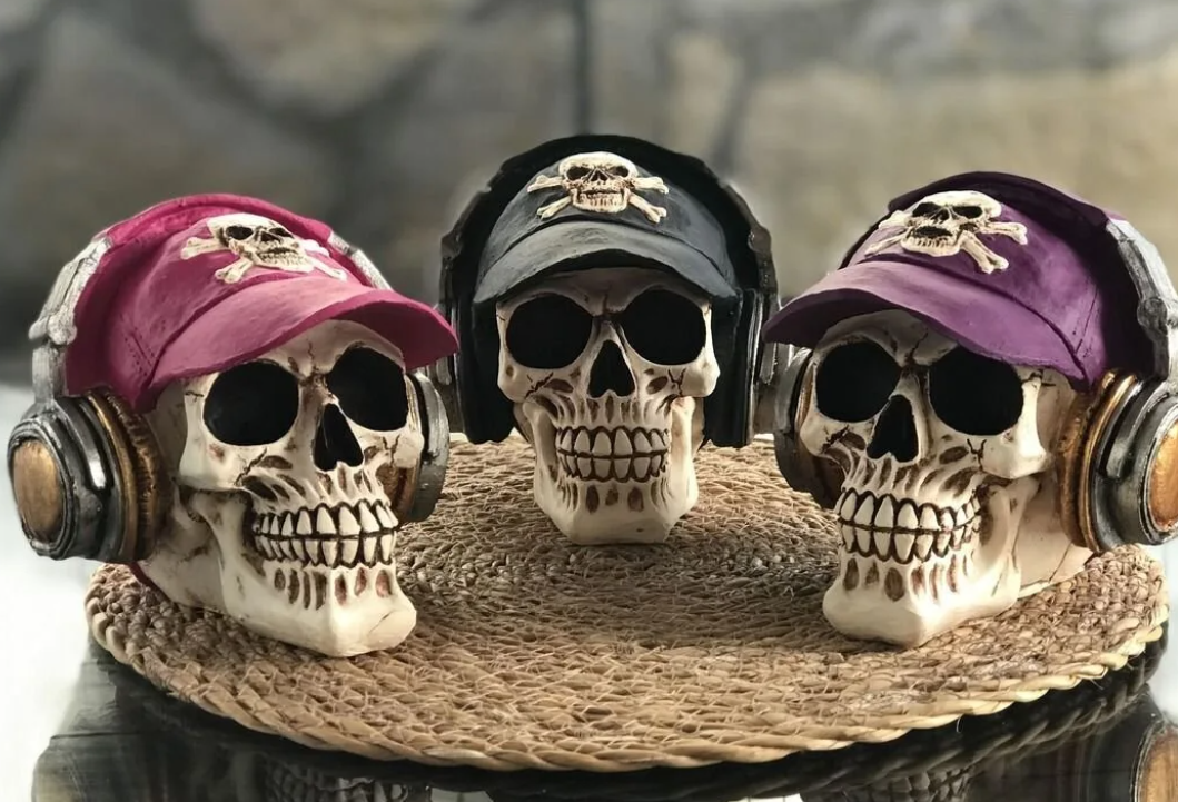 Handmade Skull Decor, Skull Sculpture, Skeleton Head Decor, Gothic Skull Statue, Halloween Skull Statue, Handmade Skull Headphones Statue