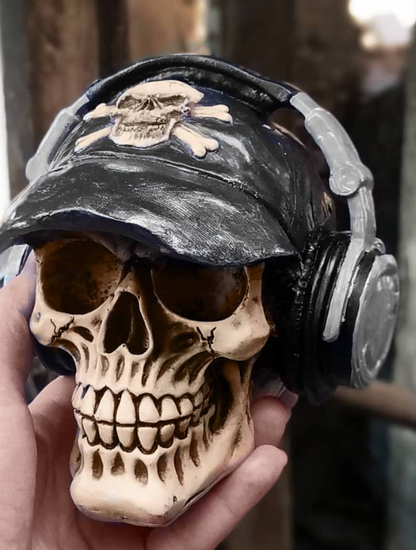 Handmade Skull Decor, Skull Sculpture, Skeleton Head Decor, Gothic Skull Statue, Halloween Skull Statue, Handmade Skull Headphones Statue