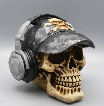 Handmade Skull Decor, Skull Sculpture, Skeleton Head Decor, Gothic Skull Statue, Halloween Skull Statue, Handmade Skull Headphones Statue