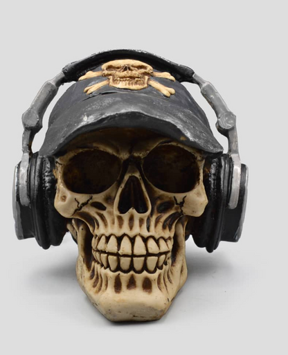 Handmade Skull Decor, Skull Sculpture, Skeleton Head Decor, Gothic Skull Statue, Halloween Skull Statue, Handmade Skull Headphones Statue