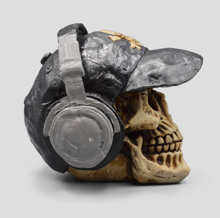 Handmade Skull Decor, Skull Sculpture, Skeleton Head Decor, Gothic Skull Statue, Halloween Skull Statue, Handmade Skull Headphones Statue